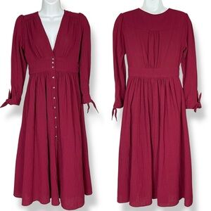 Cage Midi Dress V-Neck Midi Long Sleeves Button-Up Size Small Women Burgundy Red